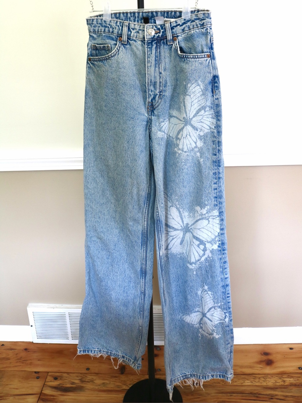 H&M Light Blue Wide-Leg Jeans with White Butterfly Motif